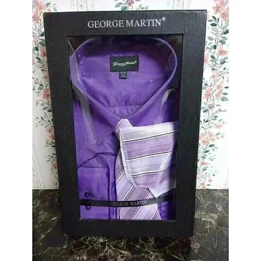 George Martin Shirt Tie Handkerchief Mens L 16 16.5 34-35 Purple Dress Shirt